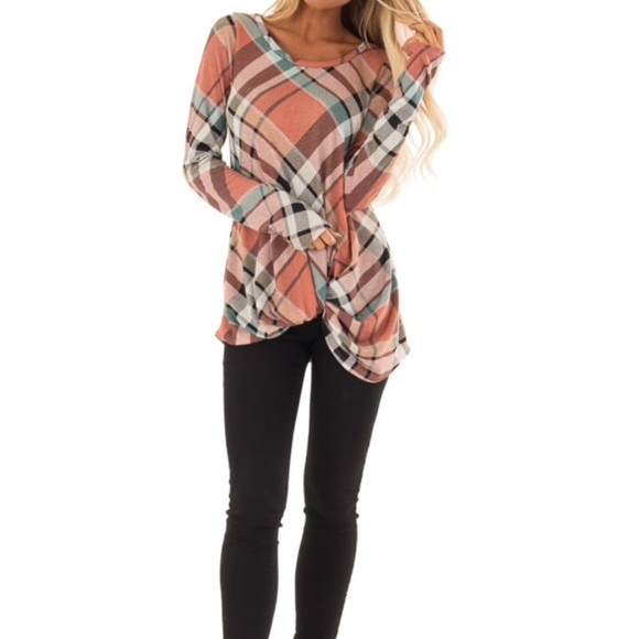 ✅Peach & Aqua Plaid Long Sleeve Top w/ Twist - Picture 2 of 6